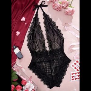 Black, Floral Lace, Lingerie Bodysuit